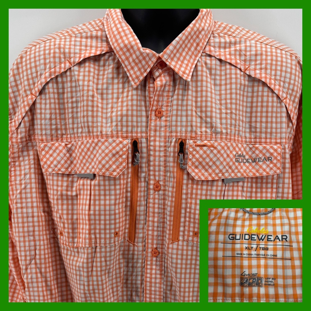 Cabela's Guidewear Mens XLT Fishing Shirt Long Sleeve‎ Gingham Orange